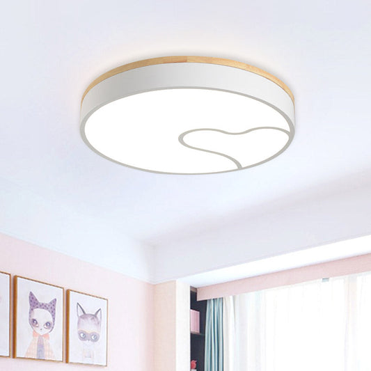 Green/White/Grey Macaron Ceiling LED Light with Wave Pattern and Wood Accent