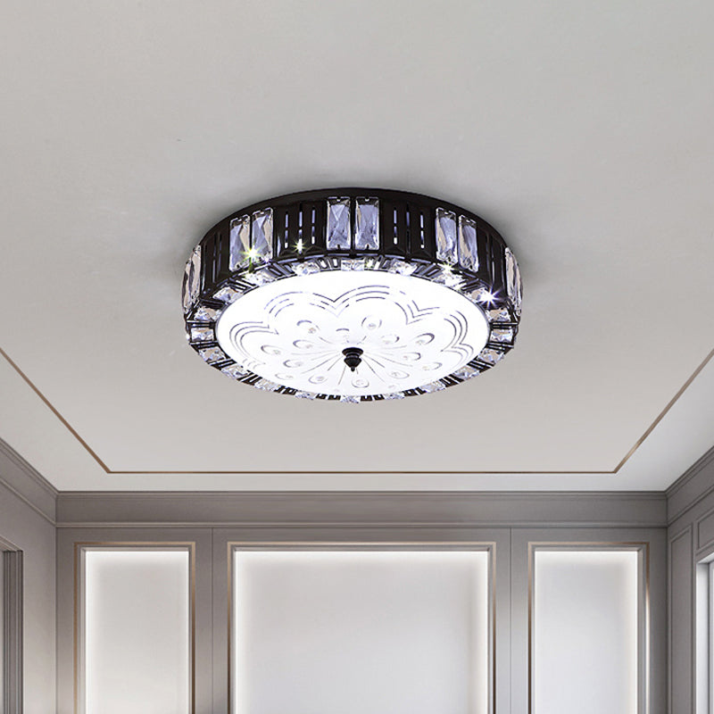 Modern Black Metal LED Flush Mount Bedroom Lamp with Crystal Accent