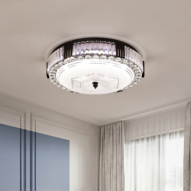 Modern Black Metal LED Flush Mount Bedroom Lamp with Crystal Accent