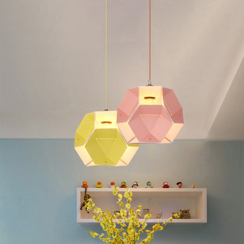 Hexagon Drop Pendant Macaron Ceiling Light In Yellow/Pink For Restaurant - 1-Light Iron Fixture