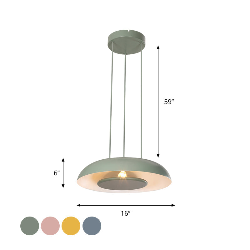 Macaron Single Iron Pendant Lamp with Disc Bottom - Pink/Blue/Green