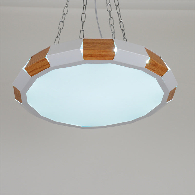 Lampe suspendue ronde en fer épissé : suspension LED moderniste blanche/bois - lumière chaude/blanche