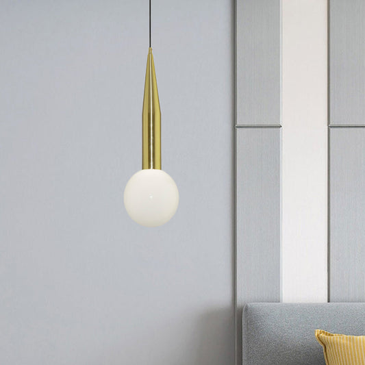 Tapering Bedside Pendant Light Kit - Single Postmodern Hanging Lamp in Gold with Milk Glass Shade