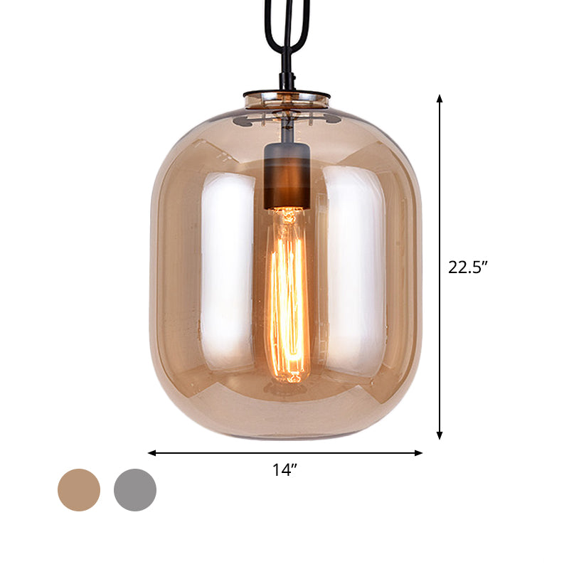 Lampe suspendue industrielle en verre gris fumé/cognac - 1 tête, 10"/14" de large