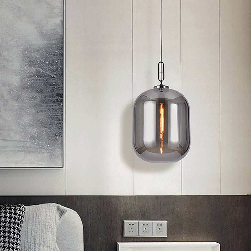 Lampe suspendue industrielle en verre gris fumé/cognac - 1 tête, 10"/14" de large