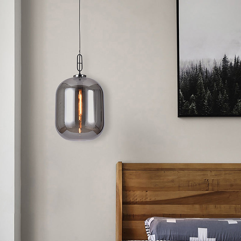 Lampe suspendue industrielle en verre gris fumé/cognac - 1 tête, 10"/14" de large
