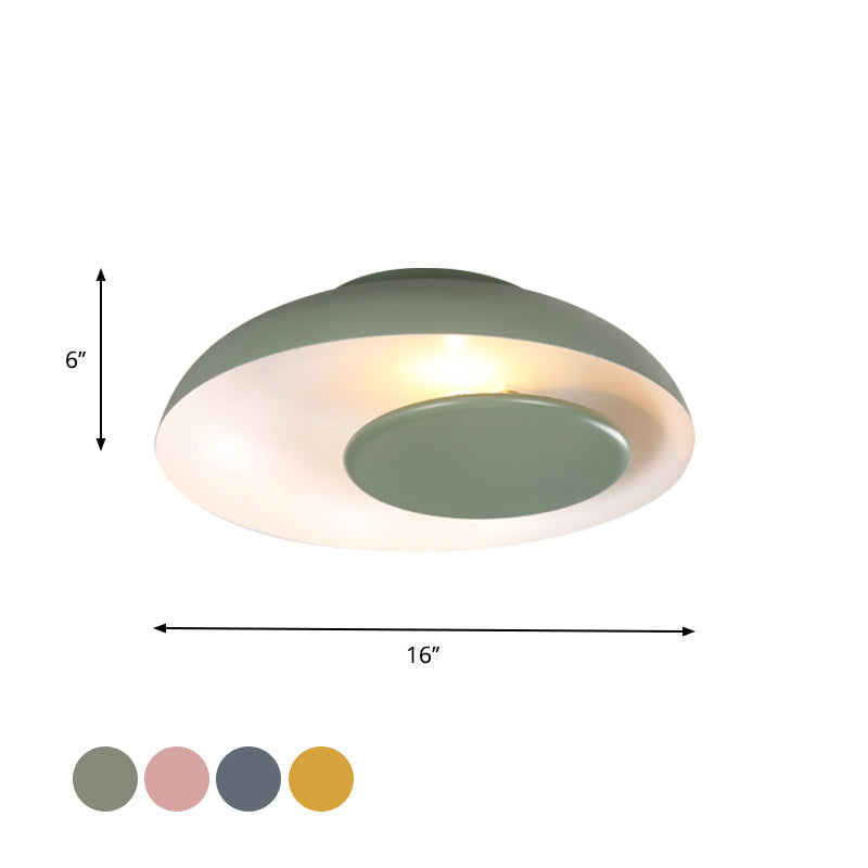 Macaron Single Iron Flush Mount Ceiling Light with Colorful Wide Bowl Design and Cover - Pink/Green/Blue
