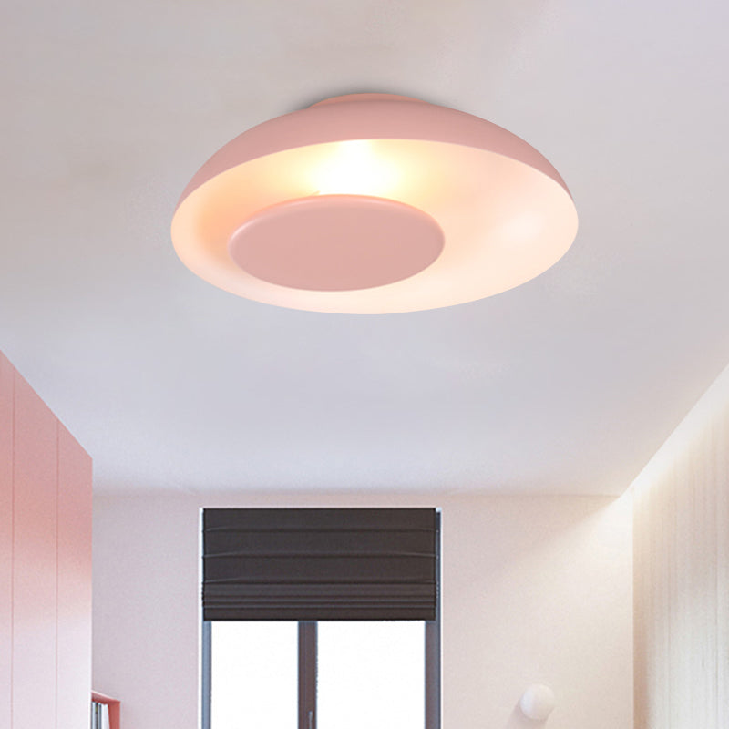 Macaron Single Iron Flush Mount Ceiling Light with Colorful Wide Bowl Design and Cover - Pink/Green/Blue