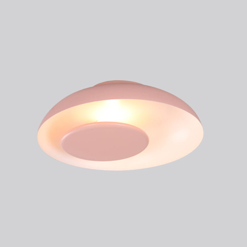 Macaron Single Iron Flush Mount Ceiling Light with Colorful Wide Bowl Design and Cover - Pink/Green/Blue