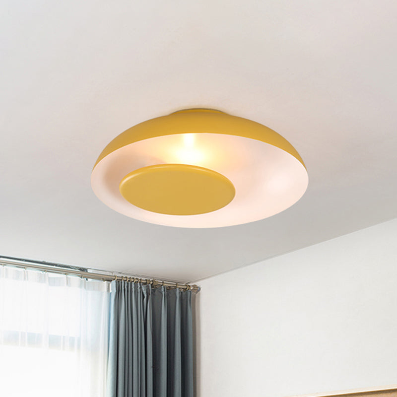 Macaron Single Iron Flush Mount Ceiling Light with Colorful Wide Bowl Design and Cover - Pink/Green/Blue