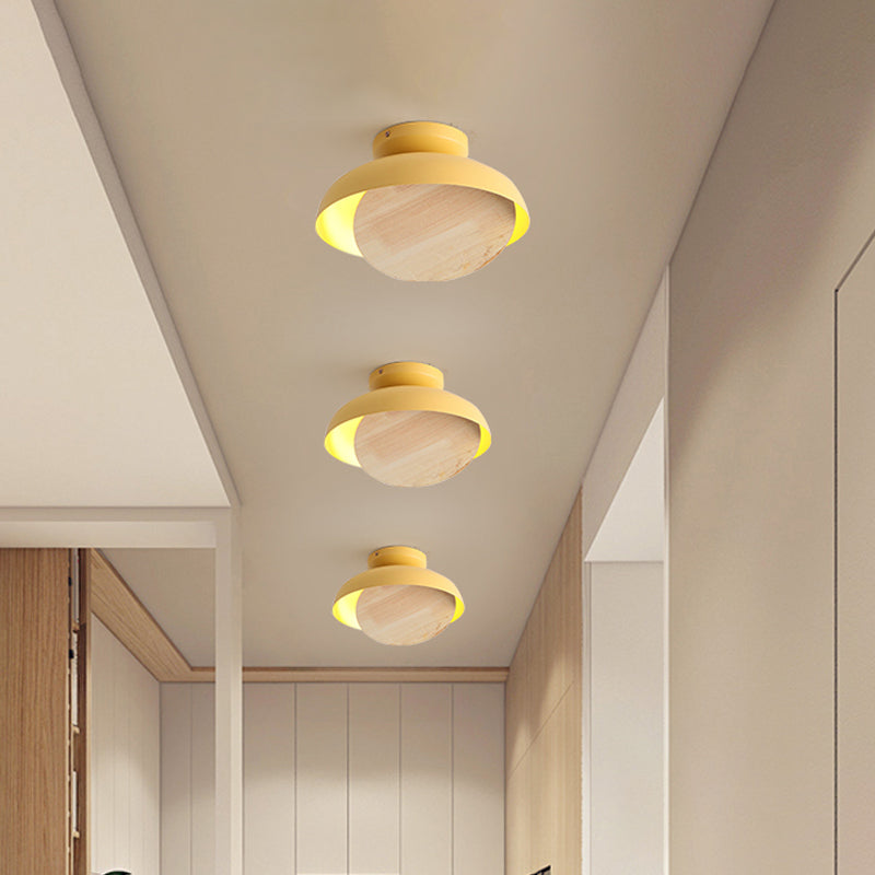 Ceiling Light with Mobile Wood Shield - Macaron Iron Flush Mount LED - Yellow/Pink/Green - Foyer