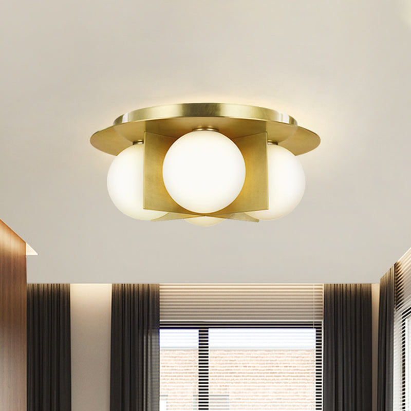 Postmodern Bedroom Ceiling Lamp: 3-Light Flush Mount with Black/Gold/Chrome Finish & Milky Glass Shade