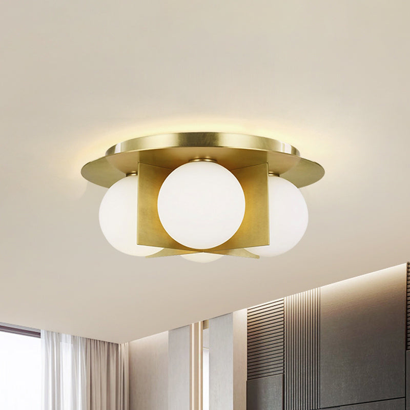 Postmodern Bedroom Ceiling Lamp: 3-Light Flush Mount with Black/Gold/Chrome Finish & Milky Glass Shade