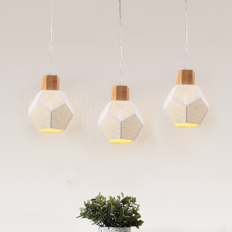 Lampe à suspension en maille à facettes en fer nordique - Plafonnier à 3 ampoules blanc et bois pour table