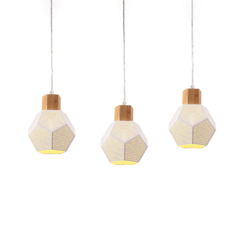 Lampe à suspension en maille à facettes en fer nordique - Plafonnier à 3 ampoules blanc et bois pour table