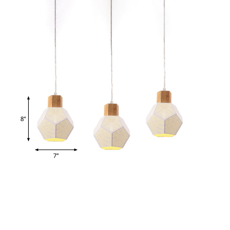 Lampe à suspension en maille à facettes en fer nordique - Plafonnier à 3 ampoules blanc et bois pour table