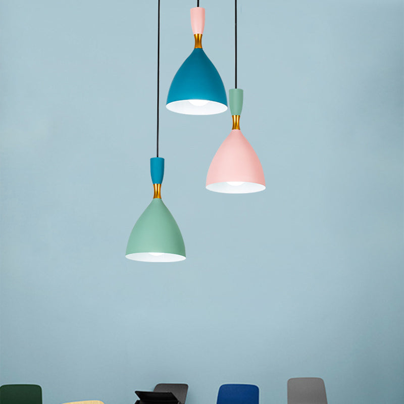 Colorful Macaron Cluster Funnel Pendant - 3-Light Aluminum Ceiling Lamp For Loft House