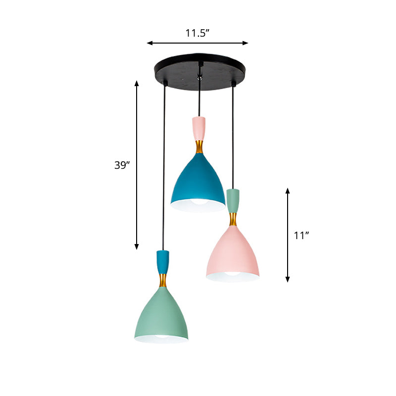 Colorful Macaron Cluster Funnel Pendant - 3-Light Aluminum Ceiling Lamp For Loft House