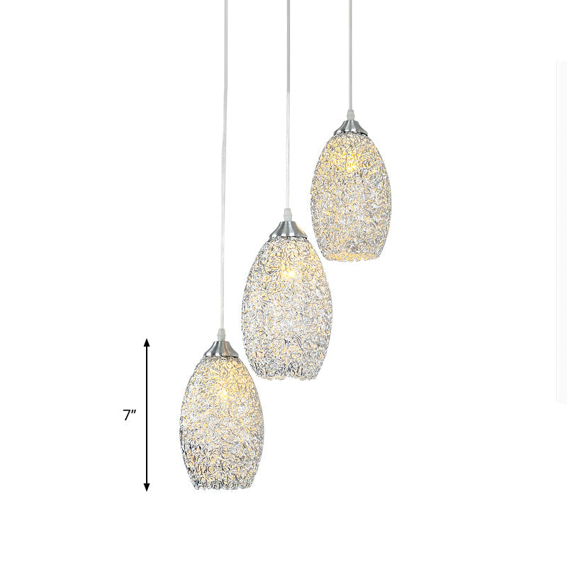 Contemporary Aluminum Oval Pendant with 3 Bulbs – Chrome Ceiling Light for Dining Room