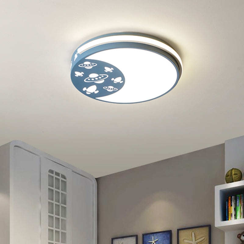 Crescent LED Flush Mount Kids Acrylic Ceiling Lamp in Blue/Black/Pink – Outer Space Design for Child Room