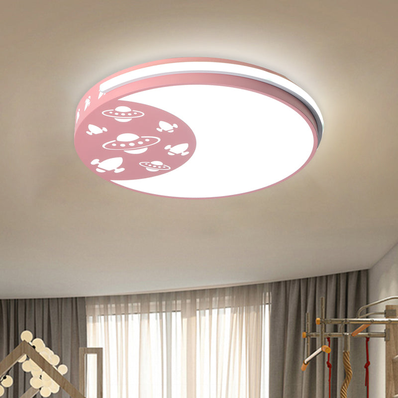 Crescent LED Flush Mount Kids Acrylic Ceiling Lamp in Blue/Black/Pink – Outer Space Design for Child Room