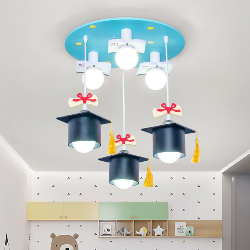 Kid's Blue Square Cap Resin Ceiling Light with 3 Flush Lights for Bedroom
