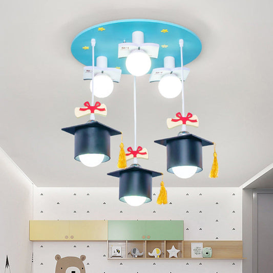 Kid's Blue Square Cap Resin Ceiling Light with 3 Flush Lights for Bedroom