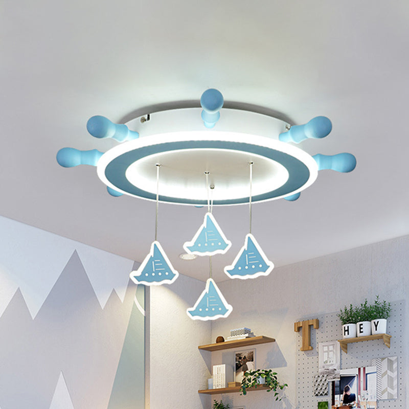 Marine Steering Wheel Flush Light: Kid's Room Ceiling Mount Fixture with Sailing Boat Design - Sky Blue