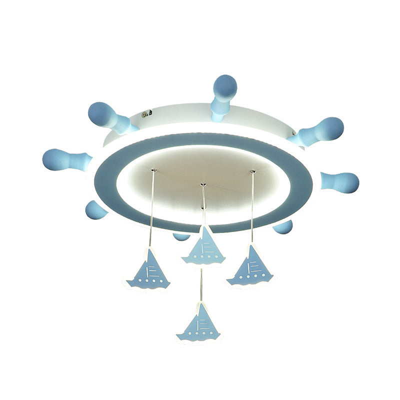 Marine Steering Wheel Flush Light: Kid's Room Ceiling Mount Fixture with Sailing Boat Design - Sky Blue