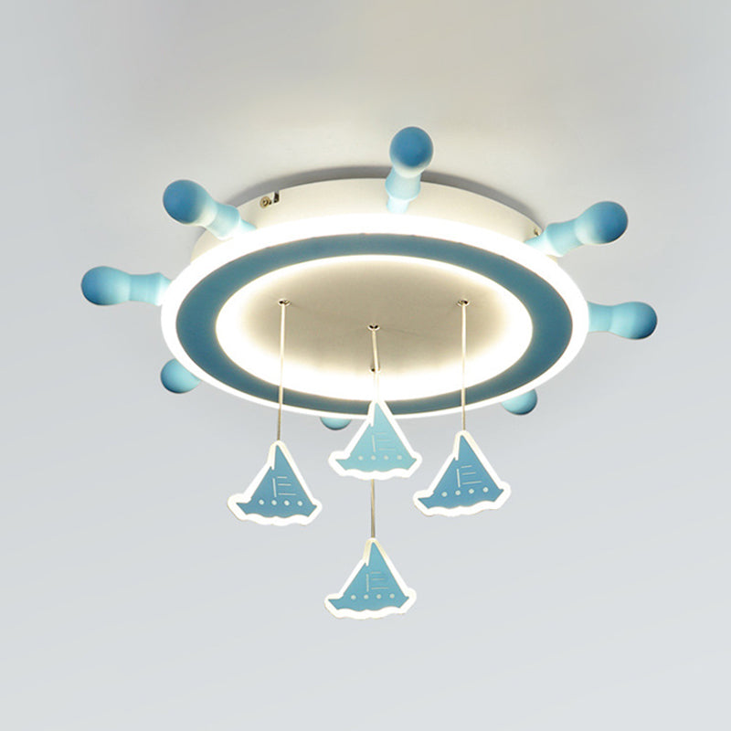 Marine Steering Wheel Flush Light: Kid's Room Ceiling Mount Fixture with Sailing Boat Design - Sky Blue
