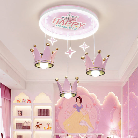 Kid's Pink Acrylic Ceiling Flush Mount Light with 3 Bulbs and Suspended Resin Crown