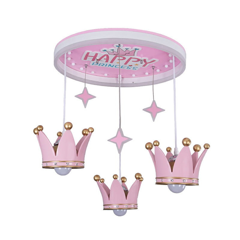 Kid's Pink Acrylic Ceiling Flush Mount Light with 3 Bulbs and Suspended Resin Crown