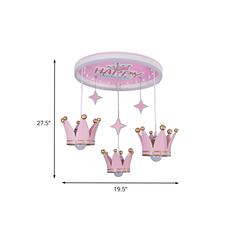 Kid's Pink Acrylic Ceiling Flush Mount Light with 3 Bulbs and Suspended Resin Crown