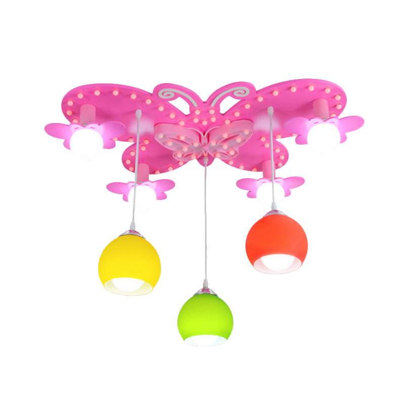 7-Head Colorful Glass Dome Flush Mount Lighting: Kid-Friendly Ceiling Chandelier in Pink