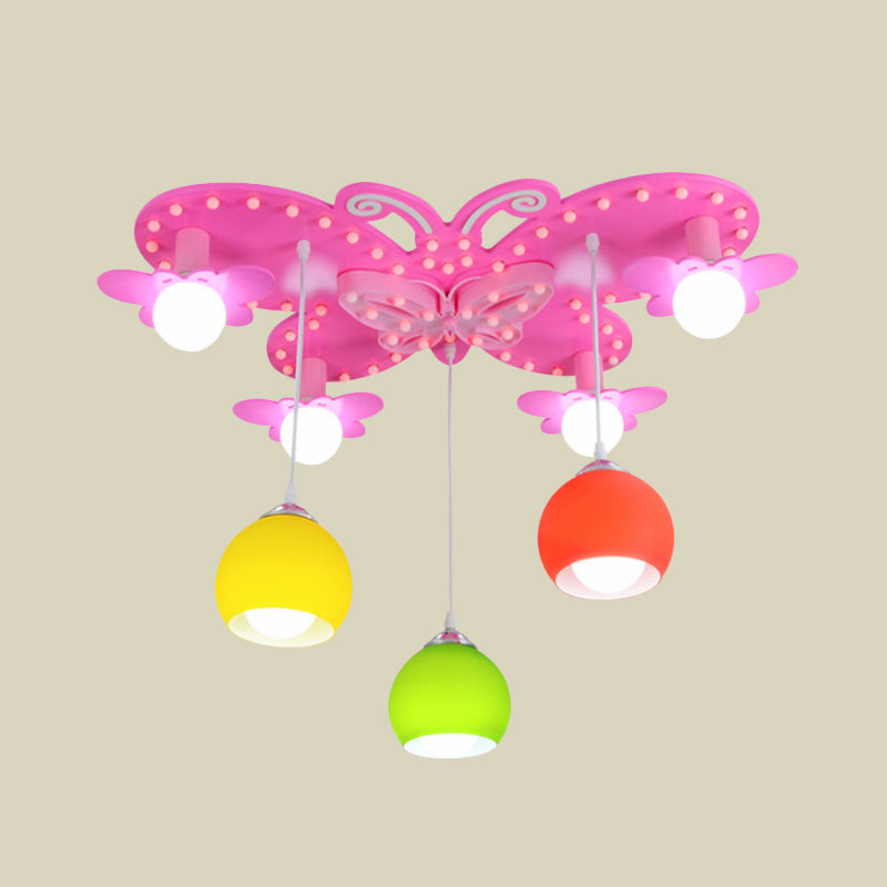 7-Head Colorful Glass Dome Flush Mount Lighting: Kid-Friendly Ceiling Chandelier in Pink
