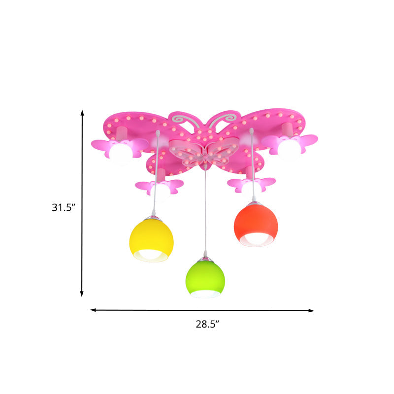 7-Head Colorful Glass Dome Flush Mount Lighting: Kid-Friendly Ceiling Chandelier in Pink
