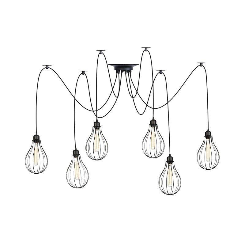 Vintage Iron Pear Cage Hanging Light: 2/3/6-Light Coffee House Swag Pendulum Lamp in Black