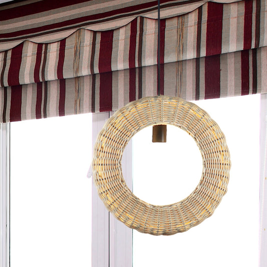 Asian Rattan Woven Loop Suspension Bedside Pendant Lamp In Wood - 1 Light