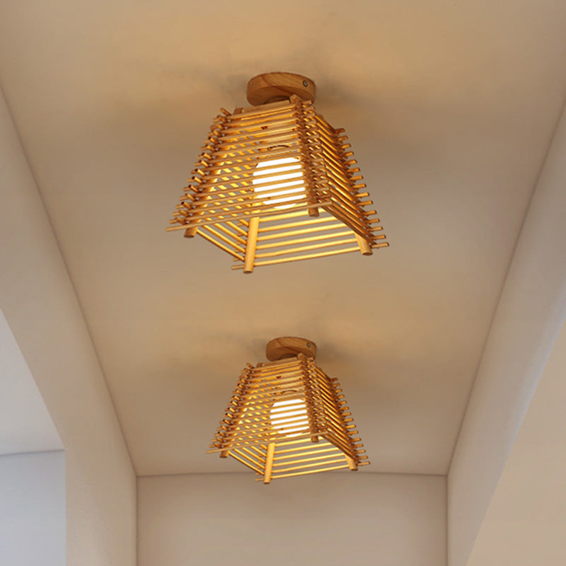 Plafonnier japonais élégant en bambou avec support semi-trapézoïdal et design encastré à 1 ampoule pour couloir