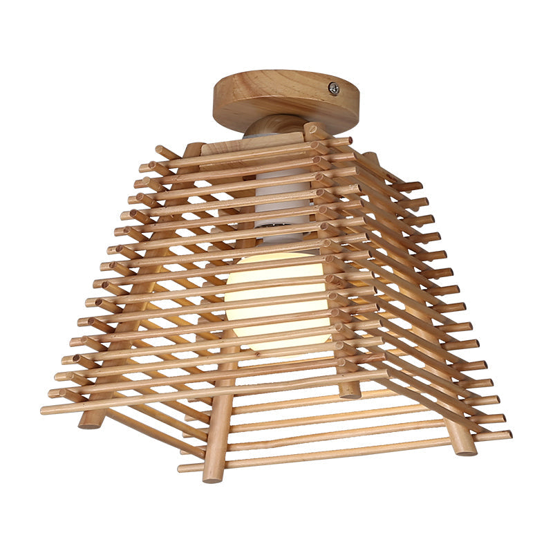 Plafonnier japonais élégant en bambou avec support semi-trapézoïdal et design encastré à 1 ampoule pour couloir