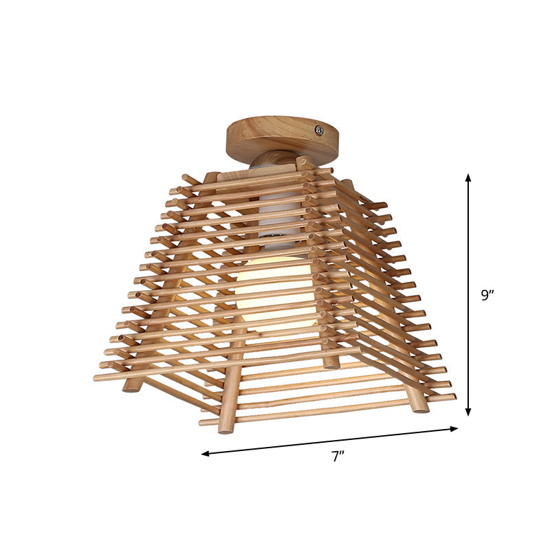 Plafonnier japonais élégant en bambou avec support semi-trapézoïdal et design encastré à 1 ampoule pour couloir