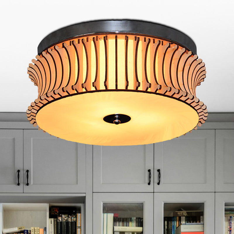 Contemporary Wood Drum Flushmount Lighting with 3 Beige Heads - Ceiling Flush Mount Lamp