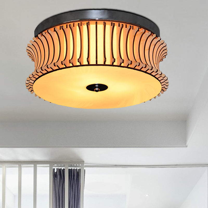 Contemporary Wood Drum Flushmount Lighting with 3 Beige Heads - Ceiling Flush Mount Lamp