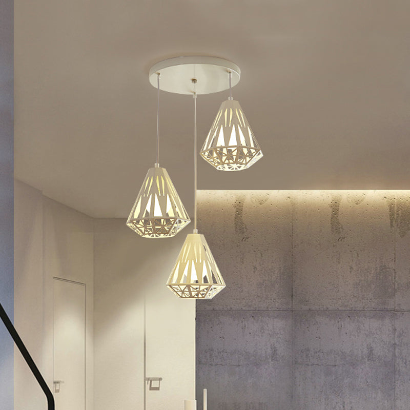 Iron Diamond Cage Pendant Light With 3 Heads Modern White Finish Suspended Ceiling Lamp