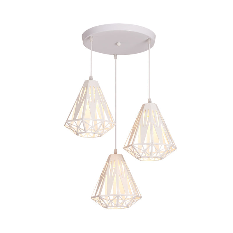 Iron Diamond Cage Pendant Light With 3 Heads Modern White Finish Suspended Ceiling Lamp