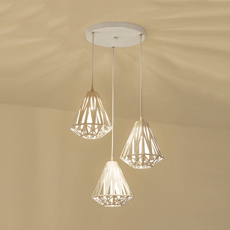 Iron Diamond Cage Pendant Light with 3 Modern White Heads - Stylish Ceiling Suspension Lamp