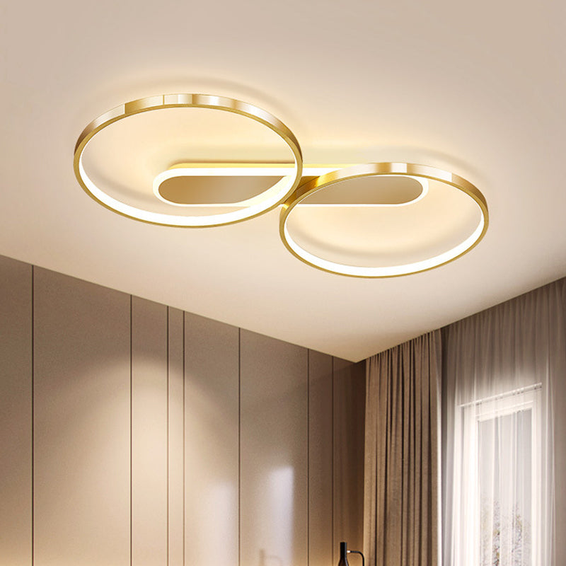 Gold Metal LED Bedroom Flush Ceiling Light - Minimalist Dual Loop Design, Warm/White Light