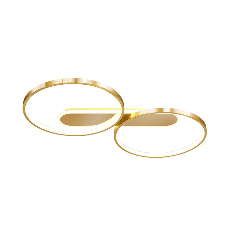 Gold Metal LED Bedroom Flush Ceiling Light - Minimalist Dual Loop Design, Warm/White Light
