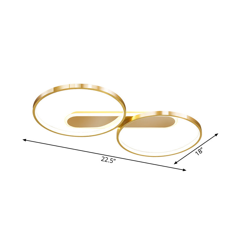 Gold Metal LED Bedroom Flush Ceiling Light - Minimalist Dual Loop Design, Warm/White Light