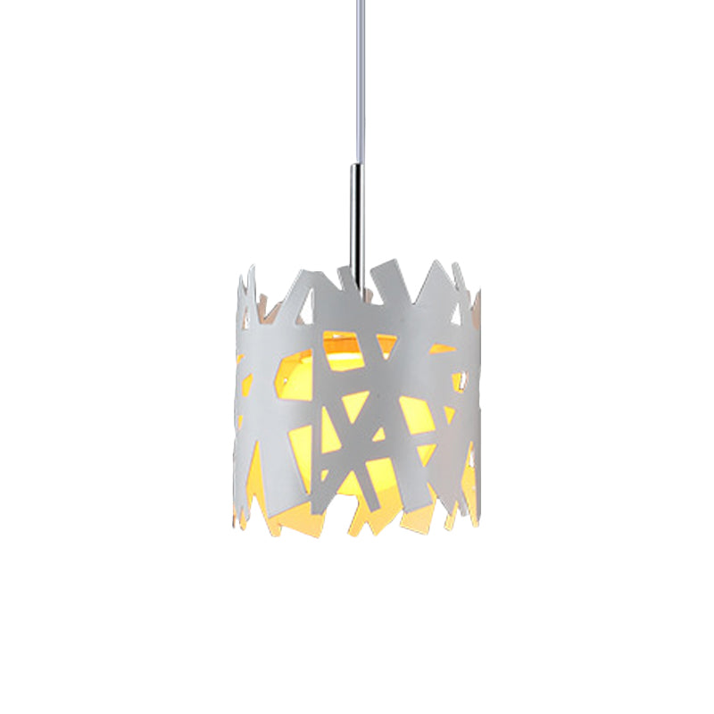 Iron Cylinder Cage Pendant Light - Modern, 1 Bulb, White Finish, Ceiling Suspension Lamp